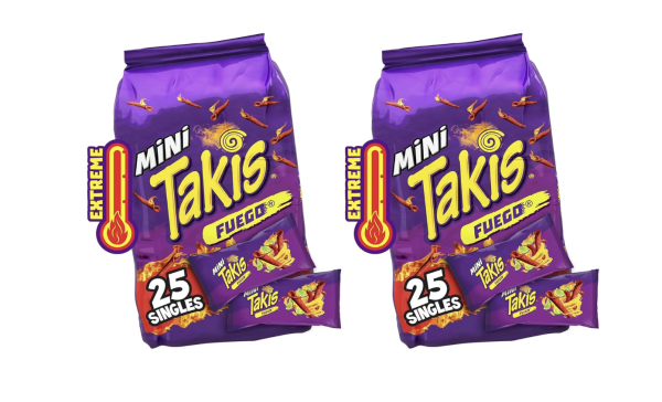Takis Fuego Mini 25 pc / 1.23 oz Bite Size Multipack, Hot Chili Pepper & Lime Flavored Extreme Spicy Rolled Tortilla Chips (Pack of 2)